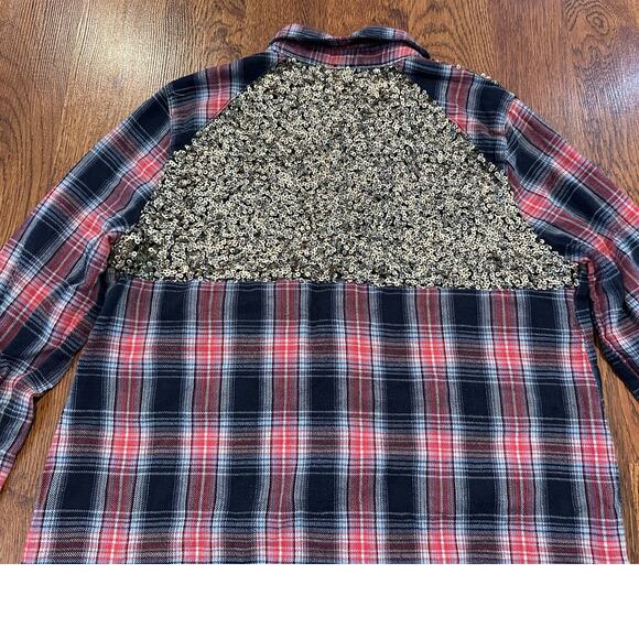Free People Little Bit of Sugar Plaid Sequin Flannel Top Size Medium Streetwear - Picture 3 of 10
